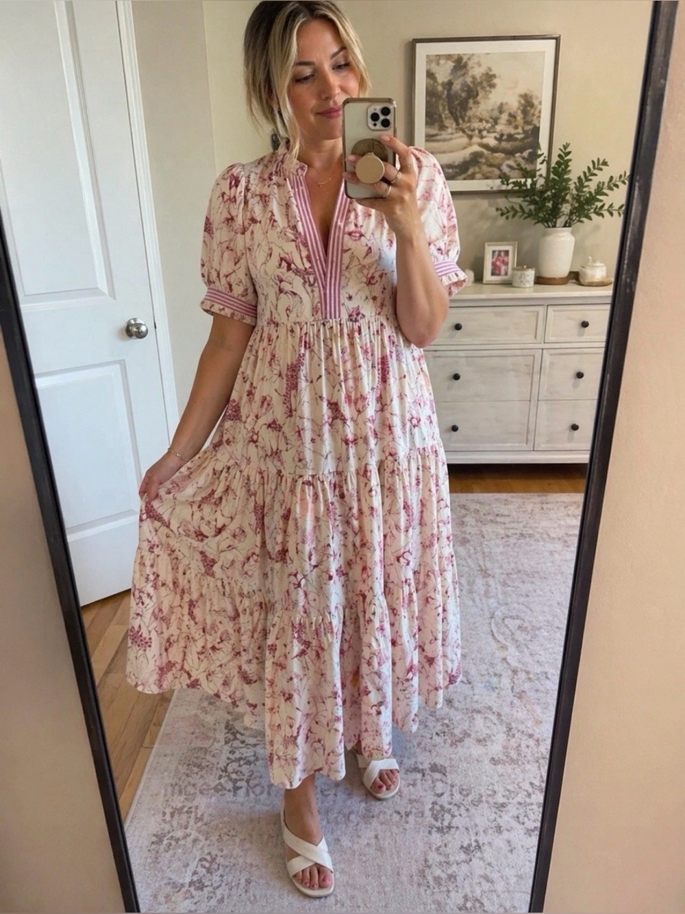 Umgee Floral Midi Dress Cream Contrast Trim Ruffle Lightweight Boho Dress S M L